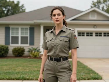 Medium shot of a woman agent standing in front of a listed residential property exterior in Bentonville, natural overcast daylight, relaxed posture, wearing practical field clothes, the house facade and front yard visible behind her, candid not posed