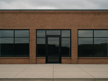 Exterior of a brick commercial retail building in Fayetteville Arkansas, overcast afternoon light, wide sidewalk in foreground, storefront windows reflecting soft grey sky, no signage, no people