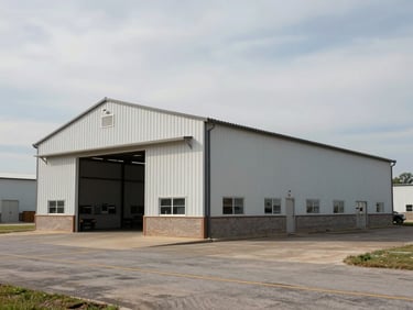 Wide environmental exterior of a small warehouse and office building in Rogers AR industrial district, metal siding, loading dock visible, flat overcast sky, documentary framing showing surrounding lot