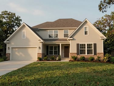 Front exterior of a three-bedroom ranch-style home in Rogers Arkansas, photographed mid-morning under soft even daylight, green lawn in foreground, single-car garage left, no people, warm neutral tones