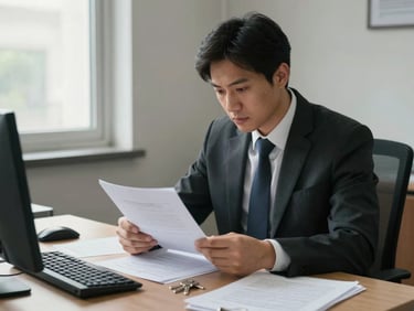Medium shot of a property manager reviewing paperwork at a desk inside a small local office, natural window light from the left, documents and keys visible on desk surface, candid working posture, no posed elements