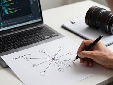 Network topology diagram printed on paper with hand annotations next to a laptop showing Wireshark packet capture, studio flat lighting on a clean desk