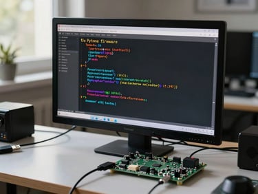 Terminal screen displaying Python firmware code with syntax highlighting, microcontroller connected via USB cable on a workbench, documentary daylight from a nearby window