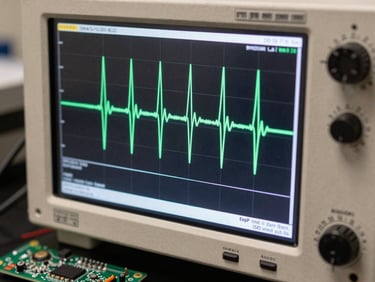 Close-up of an oscilloscope screen displaying a square wave signal with measurement cursors, circuit board visible beneath in soft focus, studio flat lighting to reveal trace details clearly