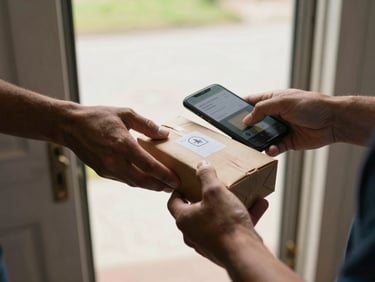 Tight close-up of hands passing a small package at a doorstep, phone visible in one hand showing a delivery confirmation screen, natural daylight from an open door