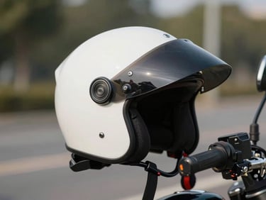 Close-up of a motorcycle helmet resting on a handlebar, natural daylight, shallow depth of field, utilitarian and clean