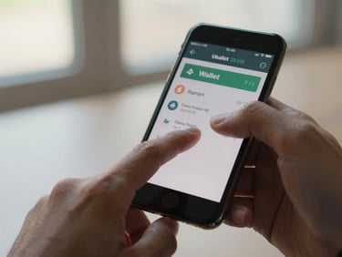 Close-up of a hand holding a smartphone showing a digital wallet balance screen, natural indoor daylight, fingers on screen