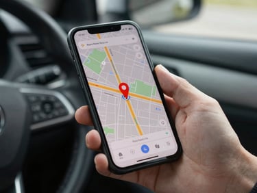 Close-up of a hand holding a smartphone showing a ride map with a driver pin, natural daylight inside a car cabin, tight framing on the screen