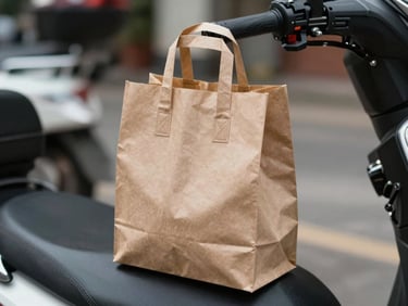Close-up of a takeaway food bag sitting on a motorbike seat, natural daylight, utilitarian framing, no people visible