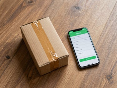 Overhead shot of a small parcel package on a wooden floor with a smartphone beside it showing a delivery tracking screen, natural daylight