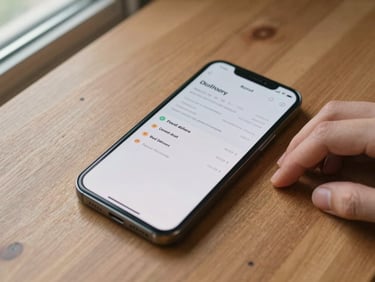Overhead close-up of a phone screen showing a food delivery app order status, hand resting beside device on a wooden table, natural daylight from a nearby window