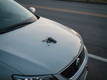 Overhead shot of a vehicle parked in an empty lot at a destination, keys on top of the hood, early morning overcast light, no people