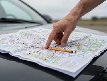 Close-up straight-on view of a hand pointing at a paper map spread on a vehicle hood, overcast daylight, route highlighted in pencil, no people's faces visible