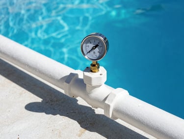 Straight-on technical shot of a clean PVC pipe manifold and water pump gauge, bright midday Florida sun casting crisp shadows, deep blue water in background, 35mm lens