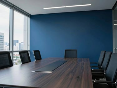 Modern corporate boardroom in São Paulo, cool natural office light, deep blue and slate tones, sharp focus, 35mm