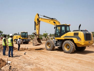 Équipe de construction gabonaise en PPE travaillant sur un chantier routier en plein soleil équatorial, avec de la machinerie lourde en arrière-plan, style documentaire professionnel.