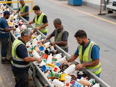 Des ouvriers en PPE triant des déchets sur une ligne de convoyage dans une installation de gestion des déchets, lumière industrielle vive, style documentaire.