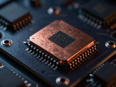 Macro-detailed hardware close-up of a copper-shielded microchip inside a dark metallic chassis, low-key dramatic lighting, subtle orange glow
