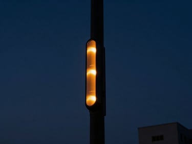 Low-angle shot of a sleek smart utility pole silhouette against a deep navy twilight sky, glowing saffron LED indicators, modern Indian urban grid