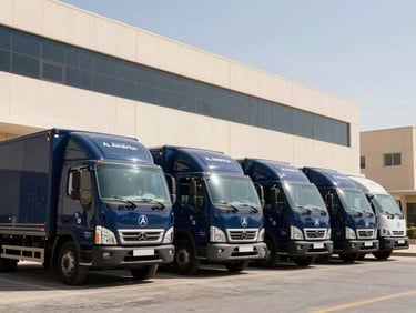 A fleet of clean, branded navy-blue moving trucks parked in an organized row outside a modern commercial building in Al Ameriya, bright midday desert sun