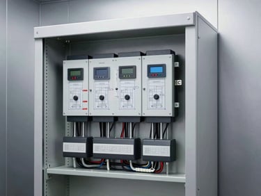 Clean modern electrical controller cabinet for an elevator, organized wiring looms, bright industrial studio lighting, technical precision