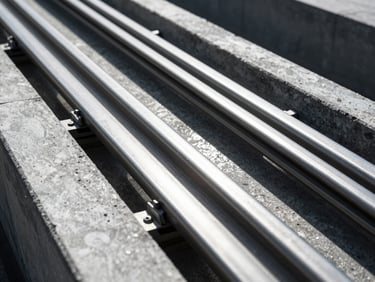 Close-up of heavy-duty steel elevator guide rails aligned in a concrete shaft, cold industrial daylight, high-contrast mechanical details