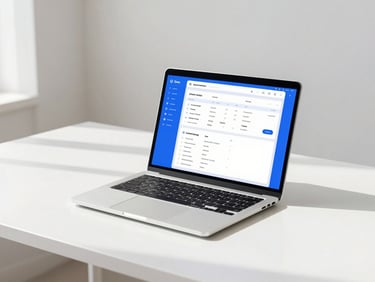 Bright minimalist digital workspace, natural morning daylight, clean white desk with an open laptop showing a structured learning dashboard, vibrant electric blue UI accents, 35mm