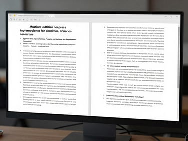 A split-screen view of a complex multilingual document on a high-resolution monitor in a cool-toned, professional workspace, showing side-by-side comparison and precise formatting.