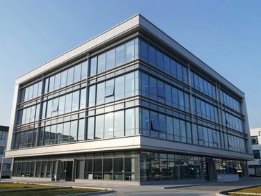 Subtle architectural shot of a modern medical research facility with clean glass panels reflecting a cool blue sky, emphasizing clinical precision and sterile environments.