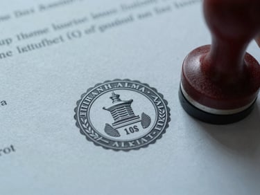 Macro close-up of a certified legal document with an official embossed seal and physical stamp, crisp cool daylight casting subtle shadows across the textured paper.