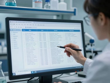 A clean, modern medical research laboratory, cool blue light, macro shot of a researcher reviewing bilingual scientific documentation on a screen, high clarity, focus on the digital interface.