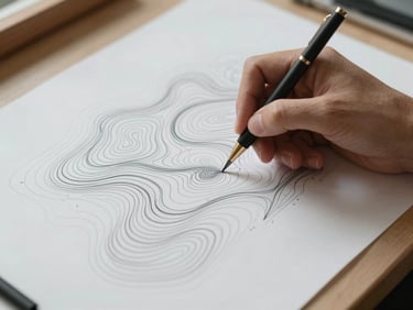 Close-up of a designer sketching topographic line art on a drafting table, crisp diffused daylight.