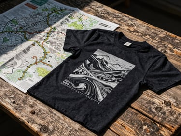 Flat lay of custom graphic tees and topographic trail maps on a rugged wooden surface, high-contrast sunlight.
