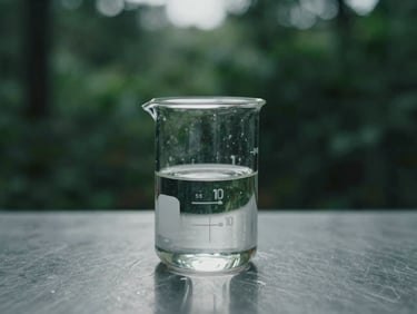 Clear laboratory glass beaker with clear liquid on a clean steel surface, moody forest green reflections, overcast day