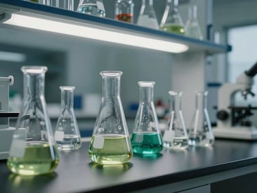 A modern, clean chemical laboratory with clear glass flasks containing naturally tinted liquids, clinical studio lighting, sharp focus, high-end corporate aesthetic