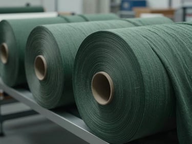 Close-up of premium soft linen textile being rolled in a modern facility, clean overcast daylight