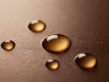 Macro texture shot of rich golden rose hip oil droplets on a dark reflective obsidian surface, warm studio lighting, high contrast.