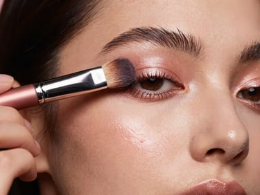 High-fashion portrait of a model applying rose gold cream eyeshadow with a professional brush, warm studio lighting.
