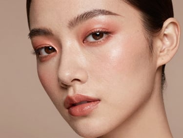 Editorial beauty portrait of a model with perfect luminous skin, soft rose gold makeup tones, warm lighting.