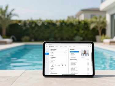 Digital report on a tablet screen showing water chemistry readings and technician notes, with a pristine pool subtly blurred in the background, professional and clear.