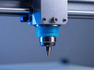 Macro photograph of a high-precision 3D printer nozzle extruding vibrant cyan filament, cool blue studio lighting, sharp details, 50mm lens
