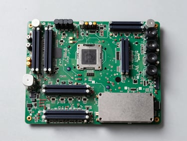 Top-down view of a computerized green motherboard and servo drive unit, clean industrial layout, organized electronic components.