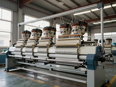 Wide-angle view of a massive multi-head computerized embroidery machine installed on an active factory floor in India, bright natural industrial daylight.