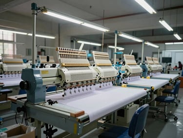 Wide-angle shot of a multi-head embroidery machine installed on an active, clean Indian textile factory floor.