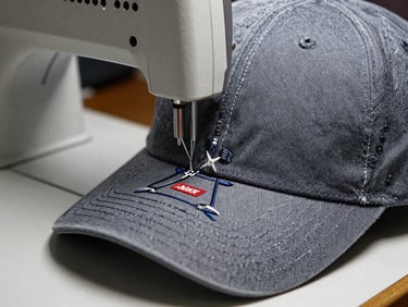 Close-up of a single-head embroidery machine stitching an intricate pattern onto a structured baseball cap.