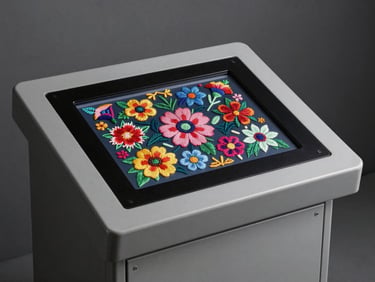 Neutral studio shot of an intuitive computerized touchscreen control panel, displaying a vibrant floral embroidery pattern vector, mounted on a clean slate-grey metal chassis.