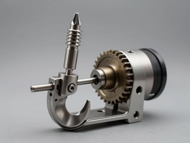 Studio product shot of a high-speed steel rotary hook and bobbin case for industrial embroidery machines, neutral grey background, sharp focus on mechanical gears.