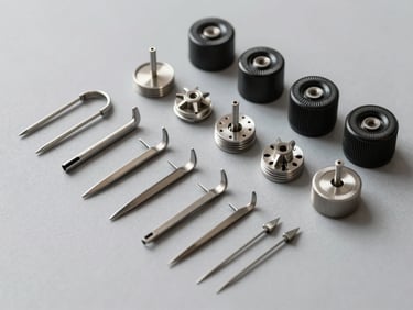 An organized, clean display of genuine embroidery machine spare parts, including metal rotary hooks, tension dials, and replacement needles on a neutral grey background.