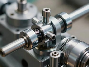 Detailed close-up of a chrome-plated needle bar assembly and thread tensioners, bright daylight, showcasing precision engineering and metal polish.
