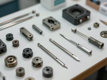 An organized technical display of genuine embroidery machine spare parts, including needles and tensioners.